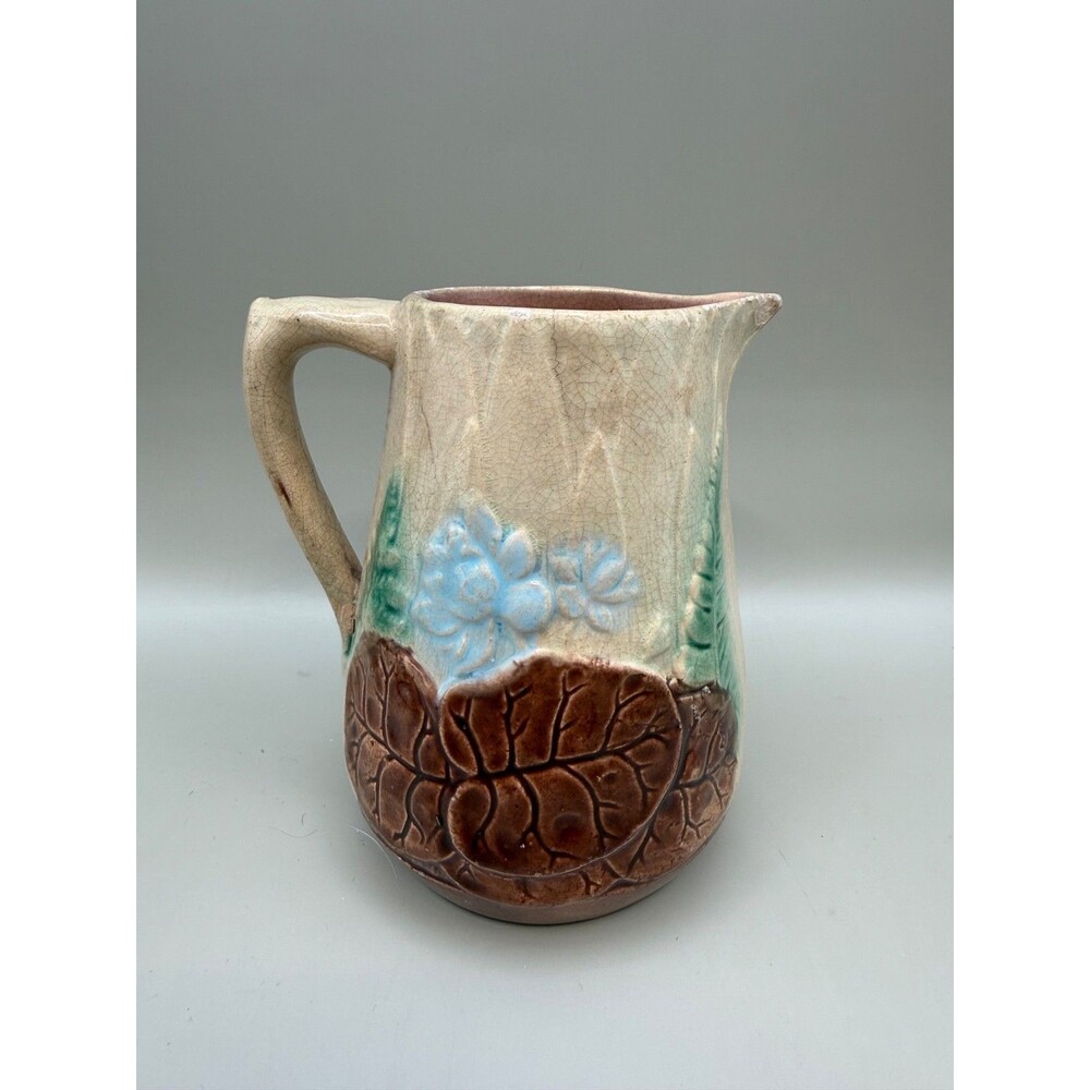 Majolica Creamer Pitcher Cream BrownLeaves Blue Flowers  4.5" Antique